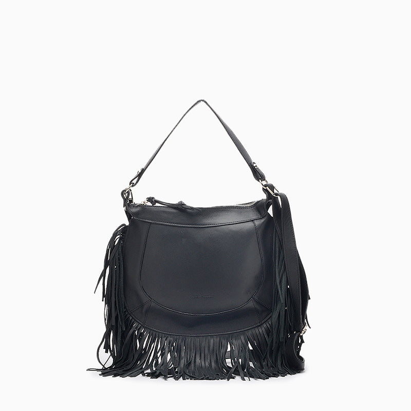 Cartera Negro Bandolera cuero flecos Sharon