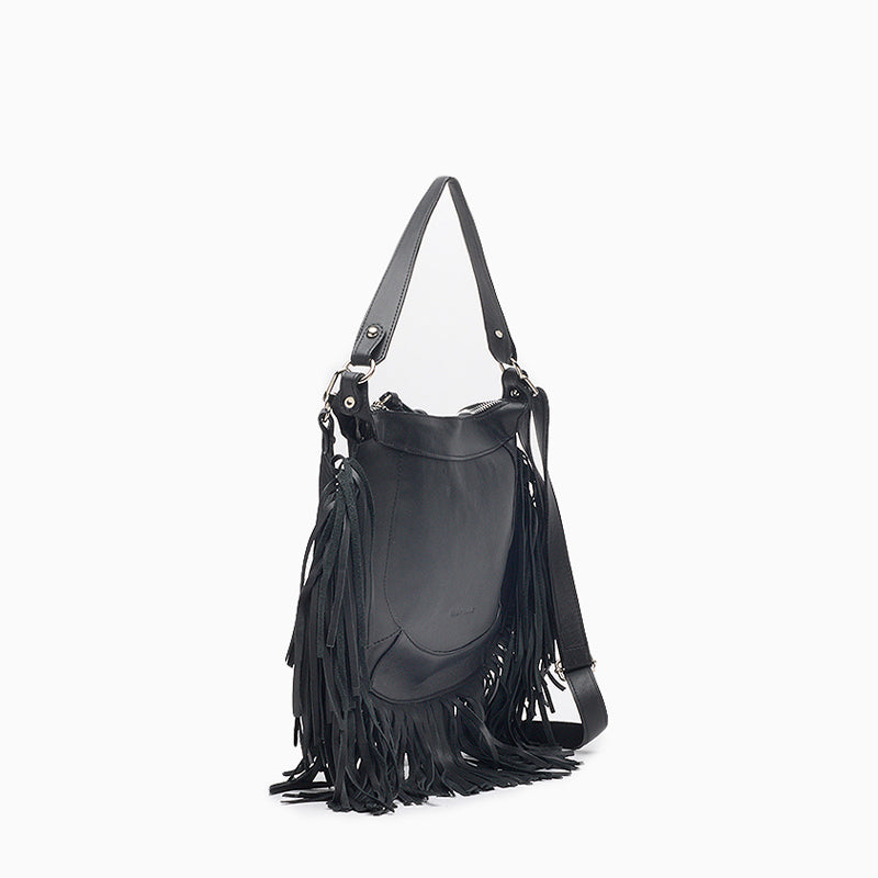 Cartera Negro Bandolera cuero flecos Sharon