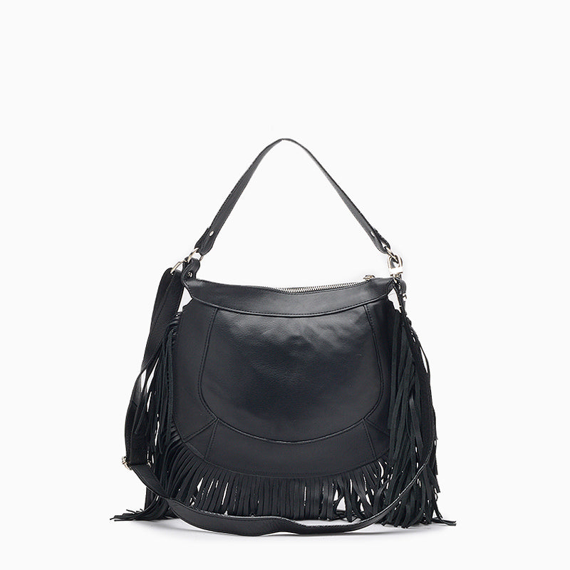 Cartera Negro Bandolera cuero flecos Sharon